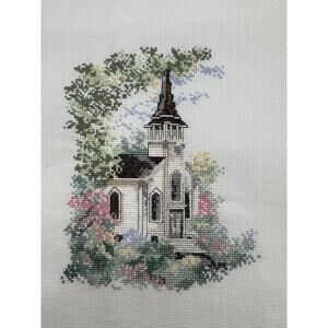 Vintage Linda Bennett Country Sunday Church Completed Cross Stitch Floral